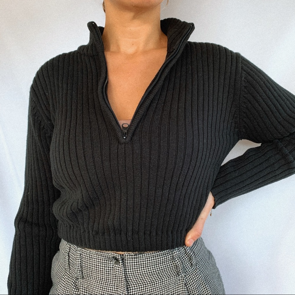 Ribbed Half Zip Crop Long Sleeve